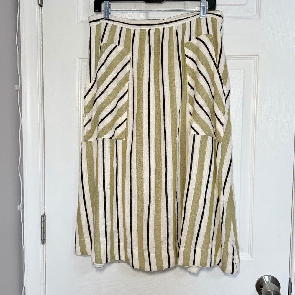 Akemi + Kin Anthropologie Striped Midi Skirt Olive Black Linen Blend Large